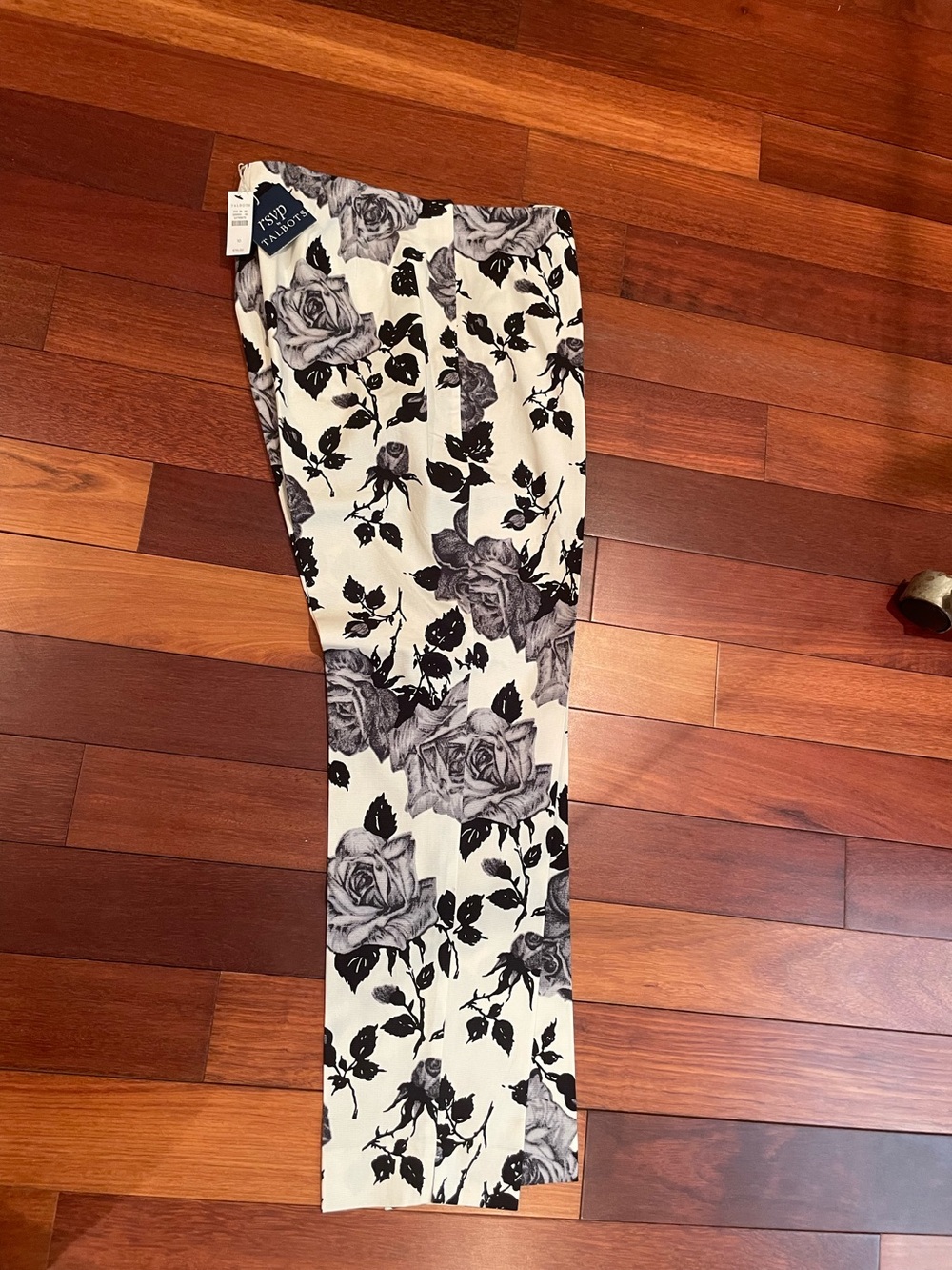 Talbots RSVP occasion ivory with black/grey floral print pants - Picture 2 of 5